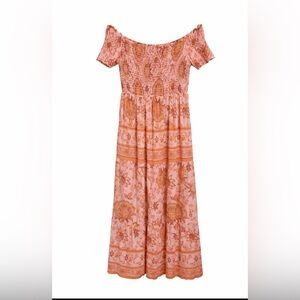 VICI Boho Floral Smocked Off Shoulder Smocked Midi M Pink and Orange